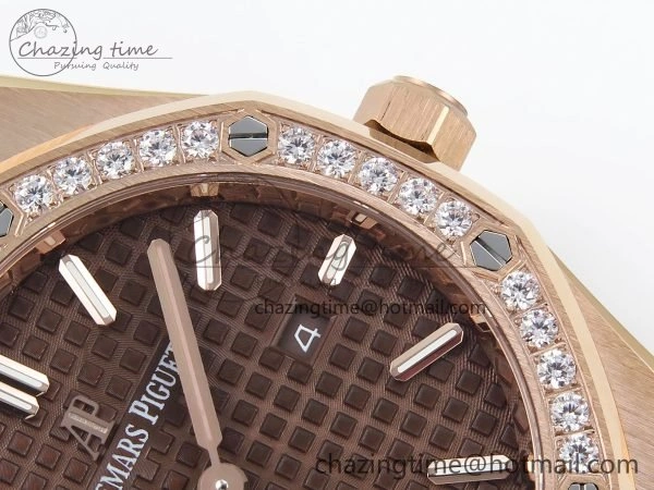 Lady Royal Oak 33mm 67651 Diamonds Bezel RG ZF 1:1 Best Edition Brown Textured Dial on RG Bracelet RONDA Quartz