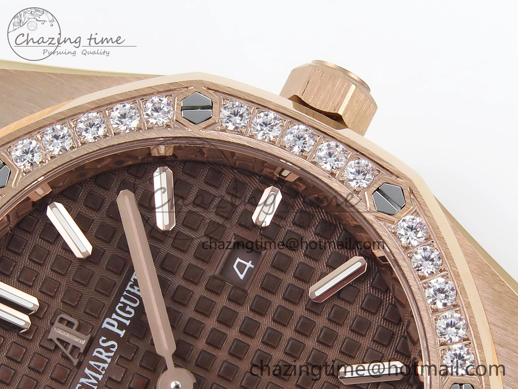 Lady Royal Oak 33mm 67651 Diamonds Bezel RG ZF 1:1 Best Edition Brown Textured Dial on RG Bracelet RONDA Quartz