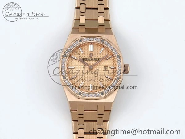 Lady Royal Oak 33mm 67651 Diamonds Bezel RG ZF 1:1 Best Edition RG Textured Dial on RG Bracelet RONDA Quartz