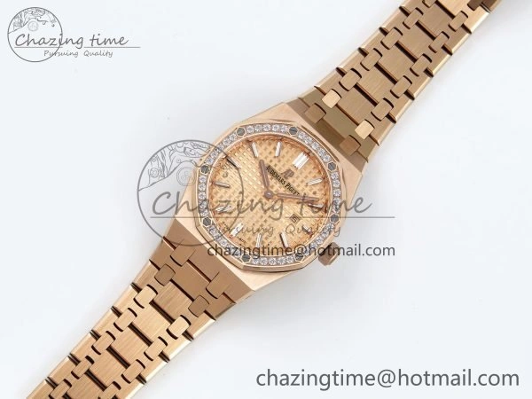 Lady Royal Oak 33mm 67651 Diamonds Bezel RG ZF 1:1 Best Edition RG Textured Dial on RG Bracelet RONDA Quartz