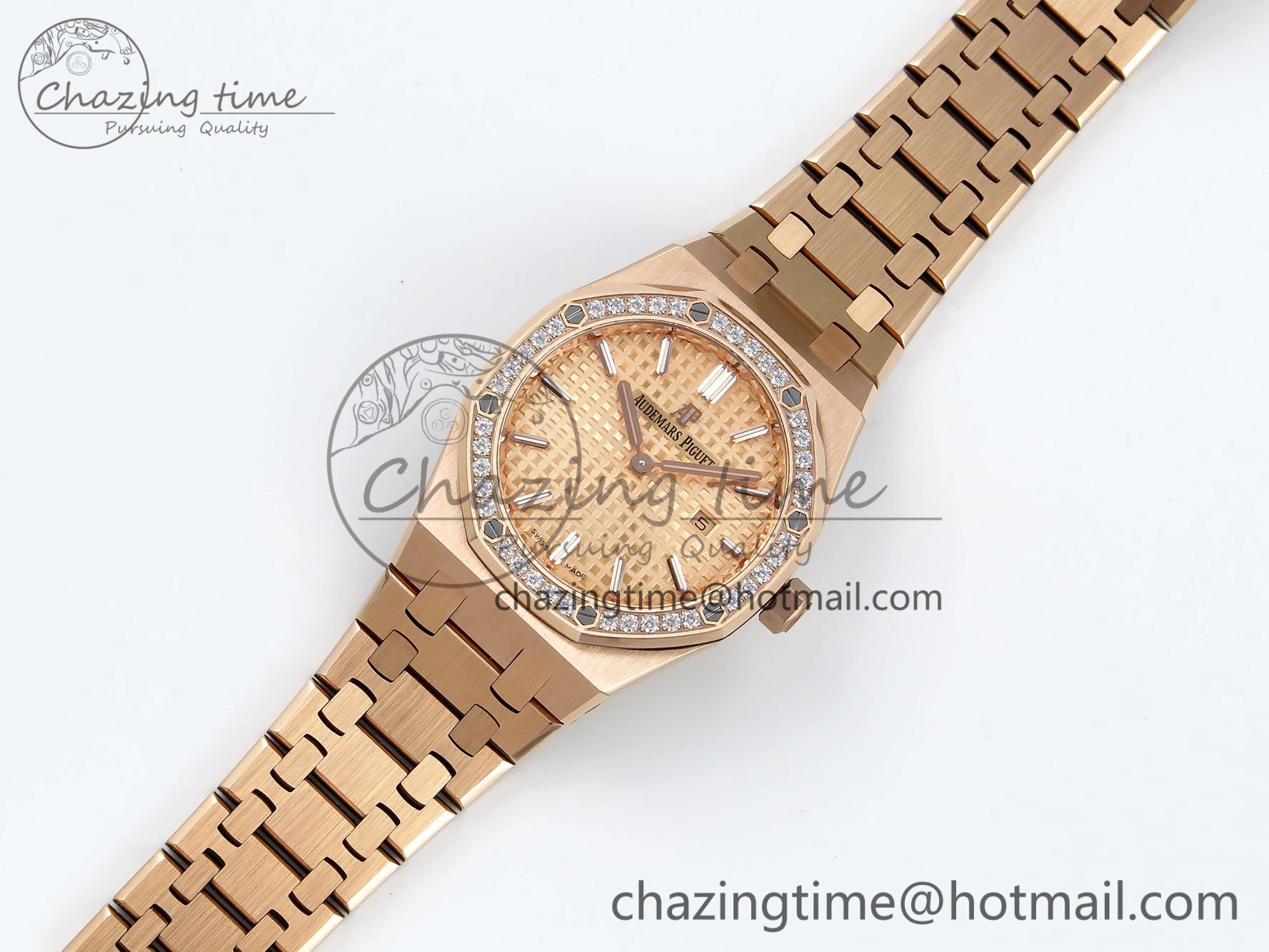 Lady Royal Oak 33mm 67651 Diamonds Bezel RG ZF 1:1 Best Edition RG Textured Dial on RG Bracelet RONDA Quartz
