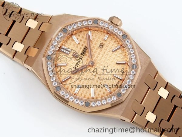 Lady Royal Oak 33mm 67651 Diamonds Bezel RG ZF 1:1 Best Edition RG Textured Dial on RG Bracelet RONDA Quartz