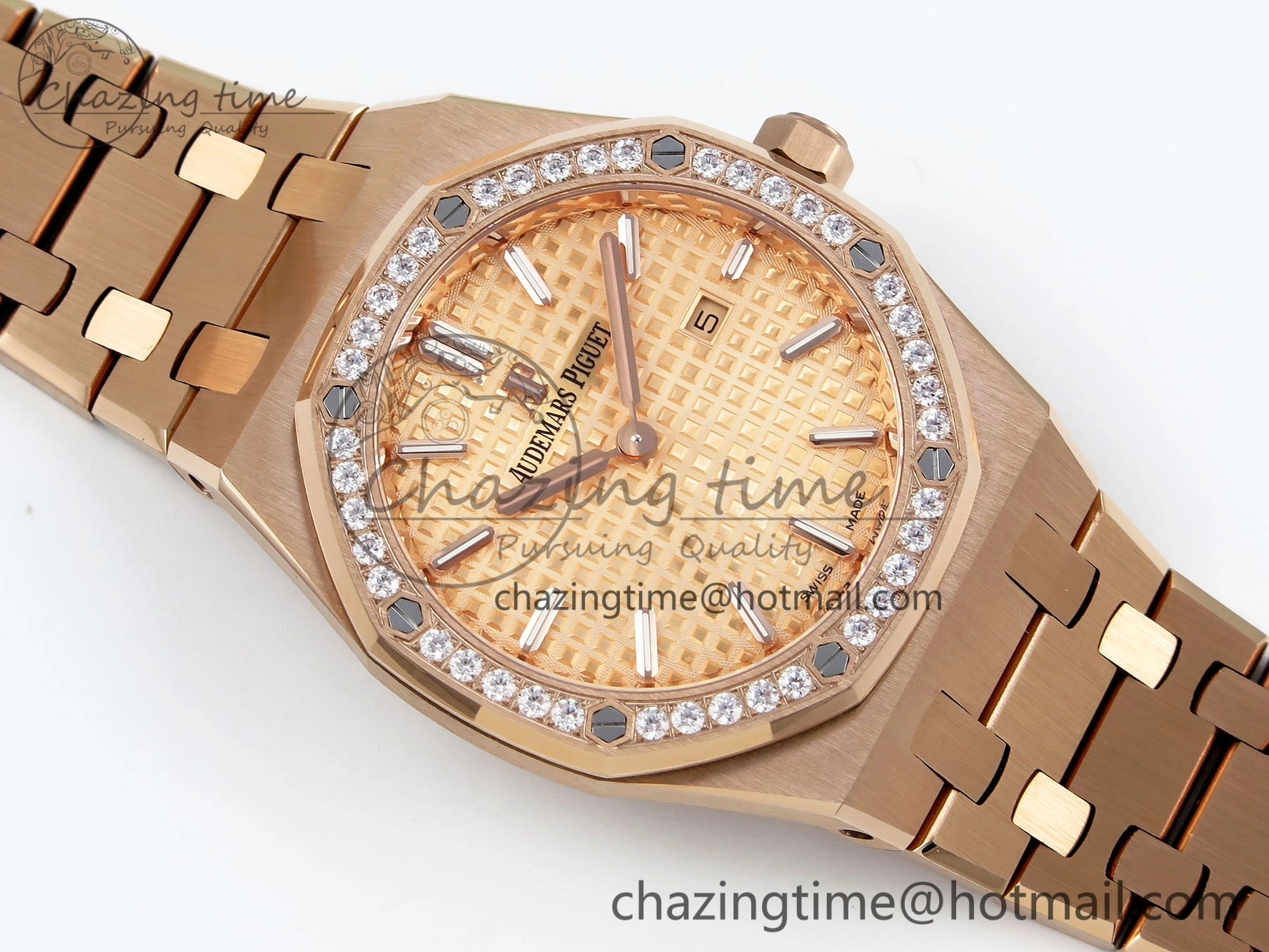 Lady Royal Oak 33mm 67651 Diamonds Bezel RG ZF 1:1 Best Edition RG Textured Dial on RG Bracelet RONDA Quartz
