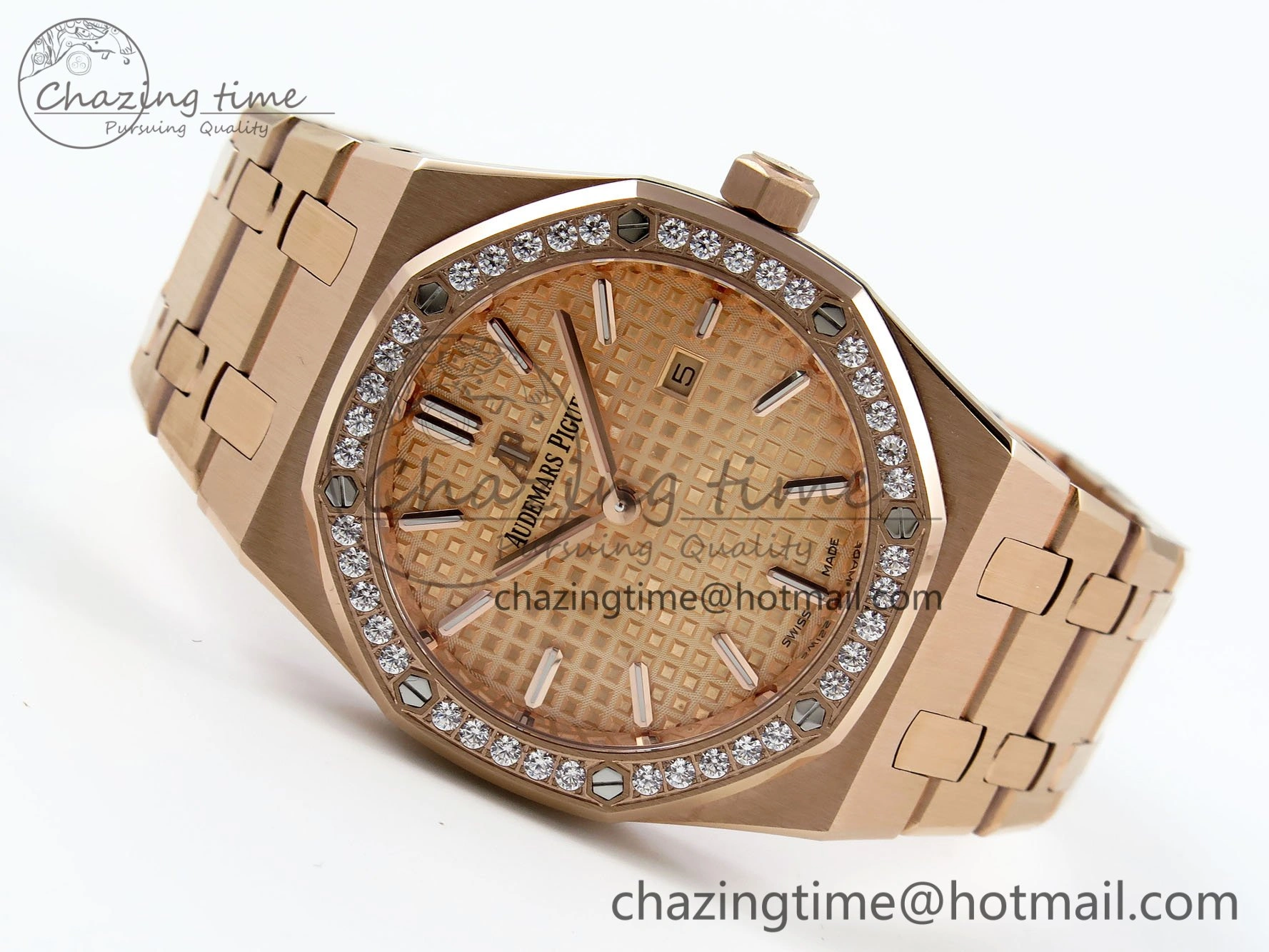 Lady Royal Oak 33mm 67651 Diamonds Bezel RG ZF 1:1 Best Edition RG Textured Dial on RG Bracelet RONDA Quartz