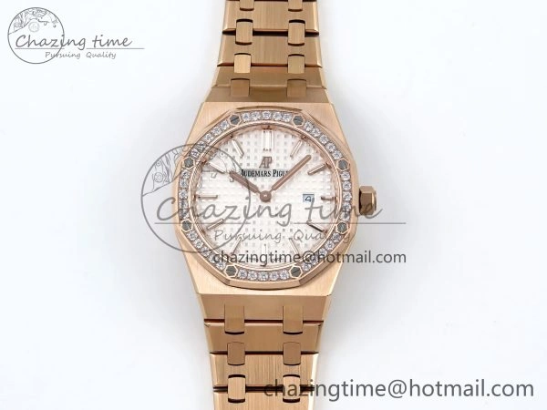 Lady Royal Oak 33mm 67651 Diamonds Bezel RG ZF 1:1 Best Edition White Textured Dial on RG Bracelet RONDA Quartz