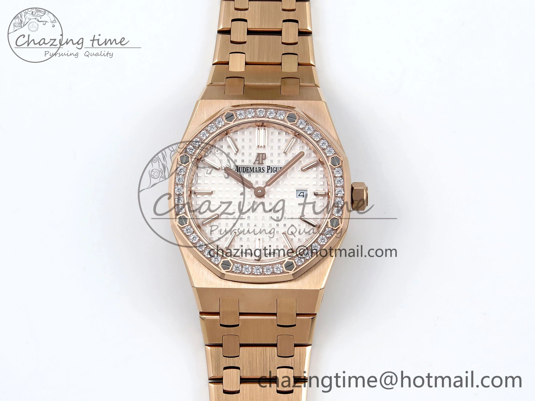 Lady Royal Oak 33mm 67651 Diamonds Bezel RG ZF 1:1 Best Edition White Textured Dial on RG Bracelet RONDA Quartz