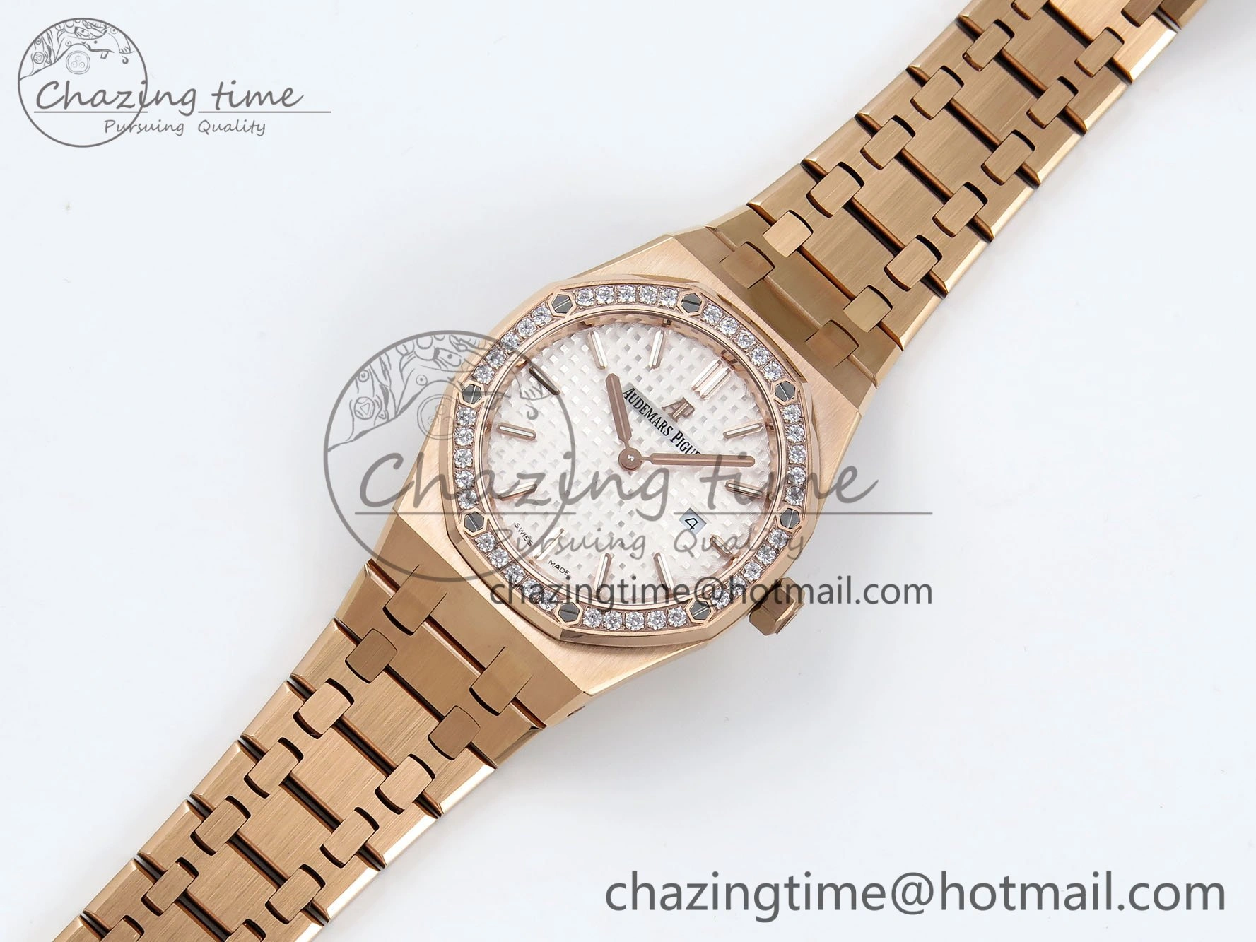 Lady Royal Oak 33mm 67651 Diamonds Bezel RG ZF 1:1 Best Edition White Textured Dial on RG Bracelet RONDA Quartz