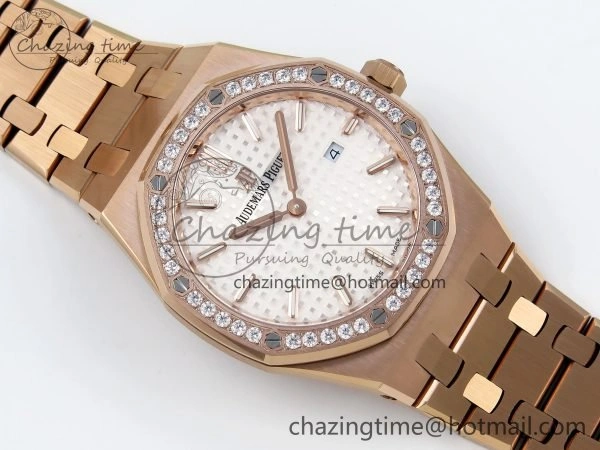 Lady Royal Oak 33mm 67651 Diamonds Bezel RG ZF 1:1 Best Edition White Textured Dial on RG Bracelet RONDA Quartz