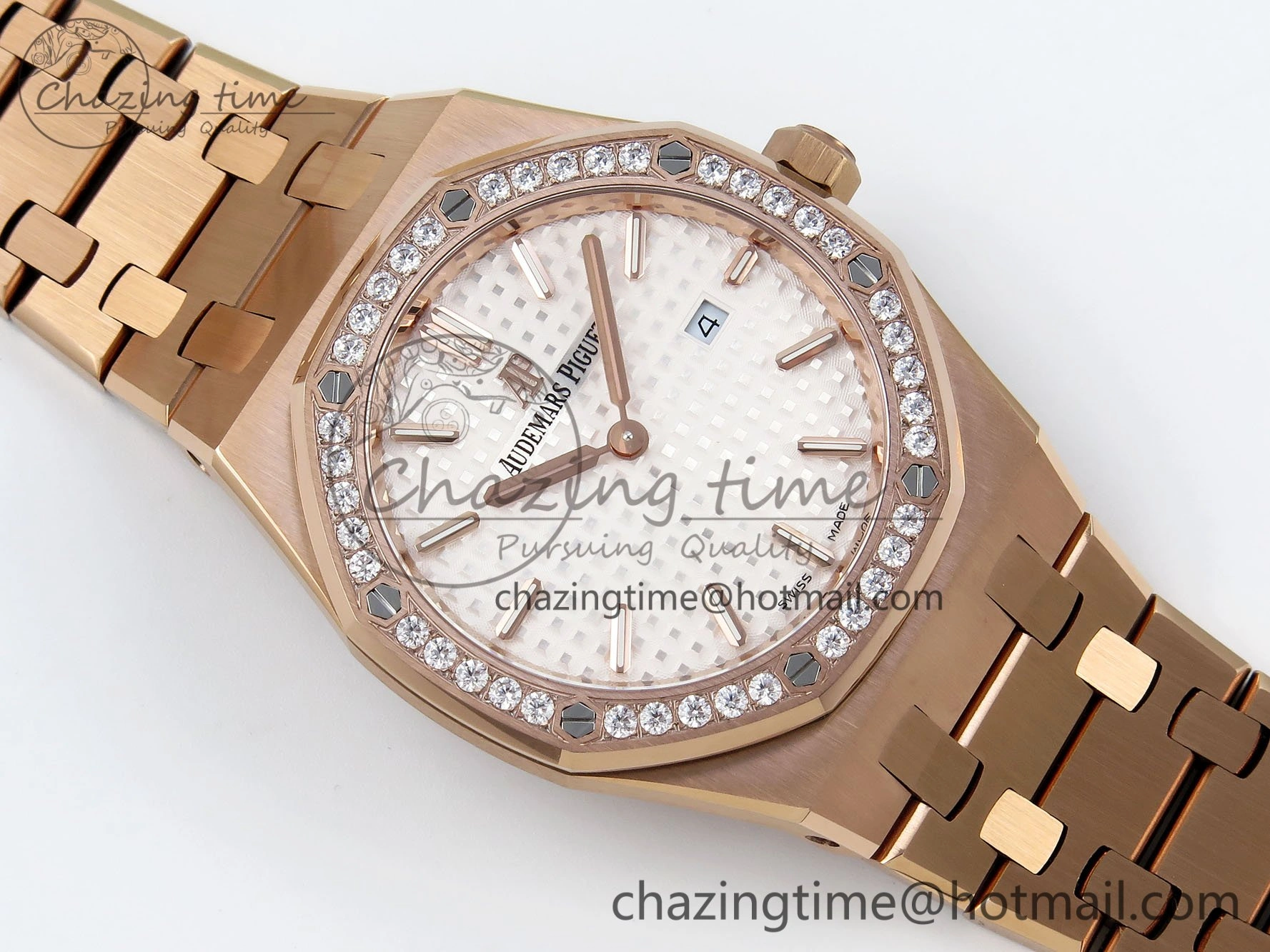 Lady Royal Oak 33mm 67651 Diamonds Bezel RG ZF 1:1 Best Edition White Textured Dial on RG Bracelet RONDA Quartz