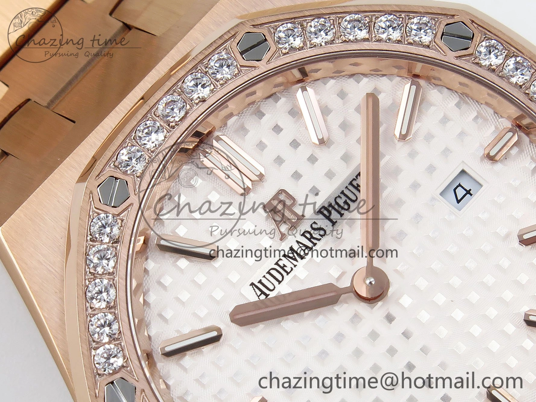 Lady Royal Oak 33mm 67651 Diamonds Bezel RG ZF 1:1 Best Edition White Textured Dial on RG Bracelet RONDA Quartz