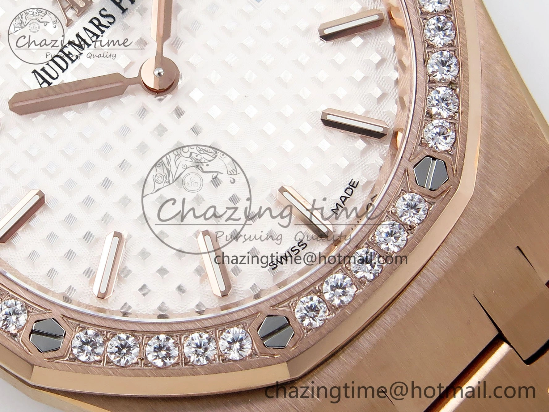 Lady Royal Oak 33mm 67651 Diamonds Bezel RG ZF 1:1 Best Edition White Textured Dial on RG Bracelet RONDA Quartz