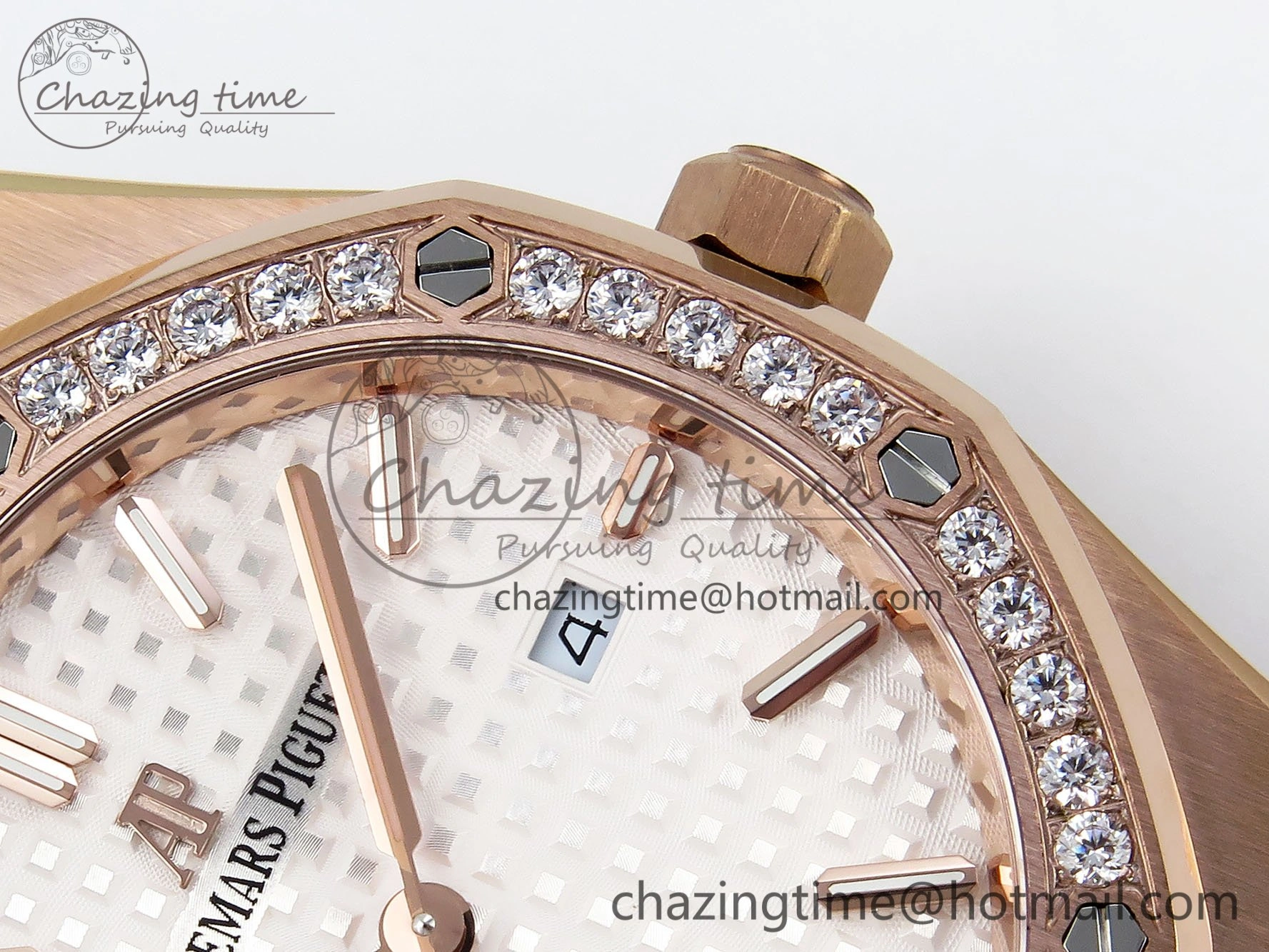 Lady Royal Oak 33mm 67651 Diamonds Bezel RG ZF 1:1 Best Edition White Textured Dial on RG Bracelet RONDA Quartz