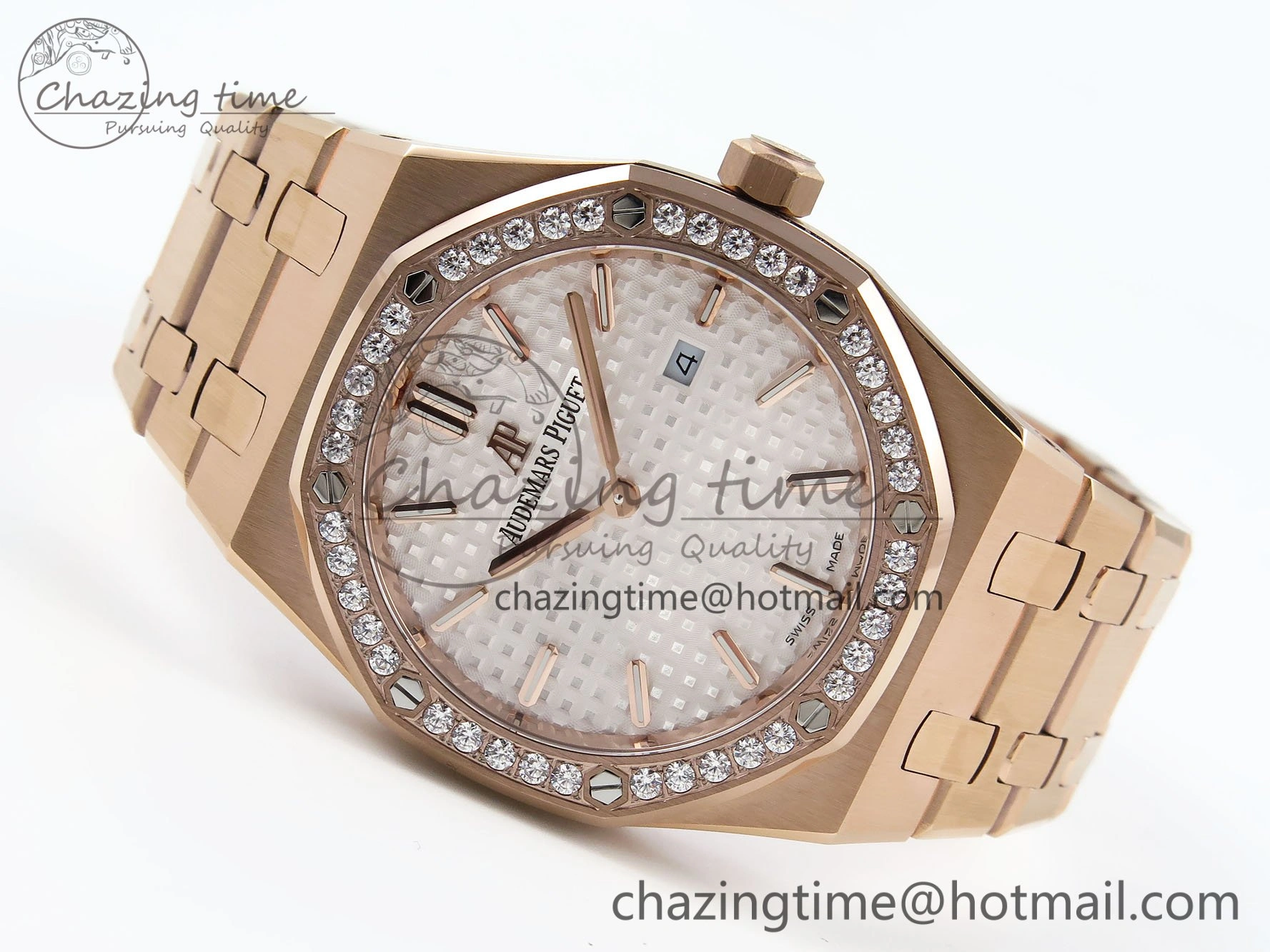Lady Royal Oak 33mm 67651 Diamonds Bezel RG ZF 1:1 Best Edition White Textured Dial on RG Bracelet RONDA Quartz
