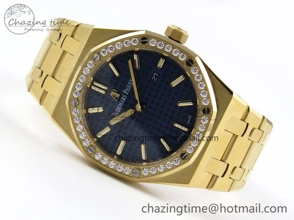 Lady Royal Oak 33mm 67651 Diamonds Bezel YG ZF 1:1 Best Edition Blue Textured Dial on YG Bracelet RONDA Quartz