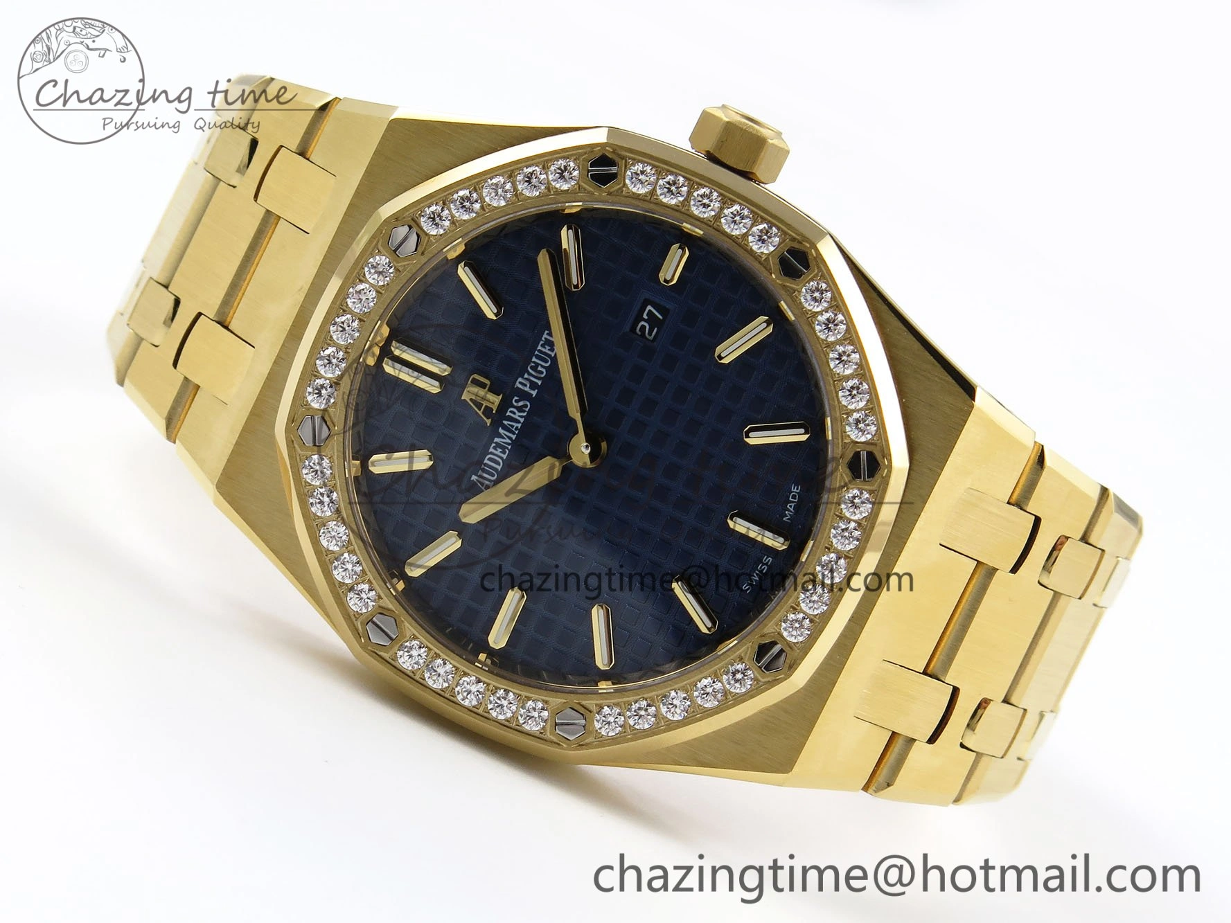 Lady Royal Oak 33mm 67651 Diamonds Bezel YG ZF 1:1 Best Edition Blue Textured Dial on YG Bracelet RONDA Quartz