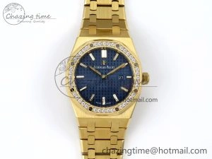 Lady Royal Oak 33mm 67651 Diamonds Bezel YG ZF 1:1 Best Edition Blue Textured Dial on YG Bracelet RONDA Quartz