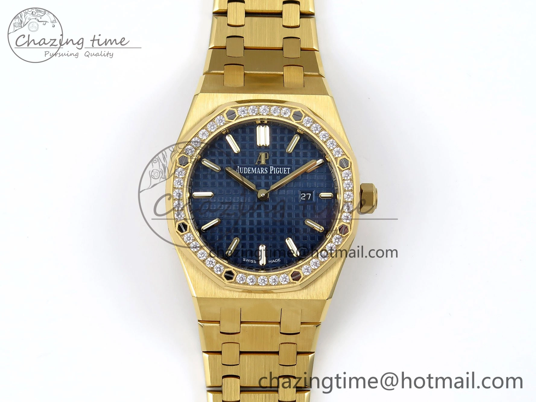 Lady Royal Oak 33mm 67651 Diamonds Bezel YG ZF 1:1 Best Edition Blue Textured Dial on YG Bracelet RONDA Quartz