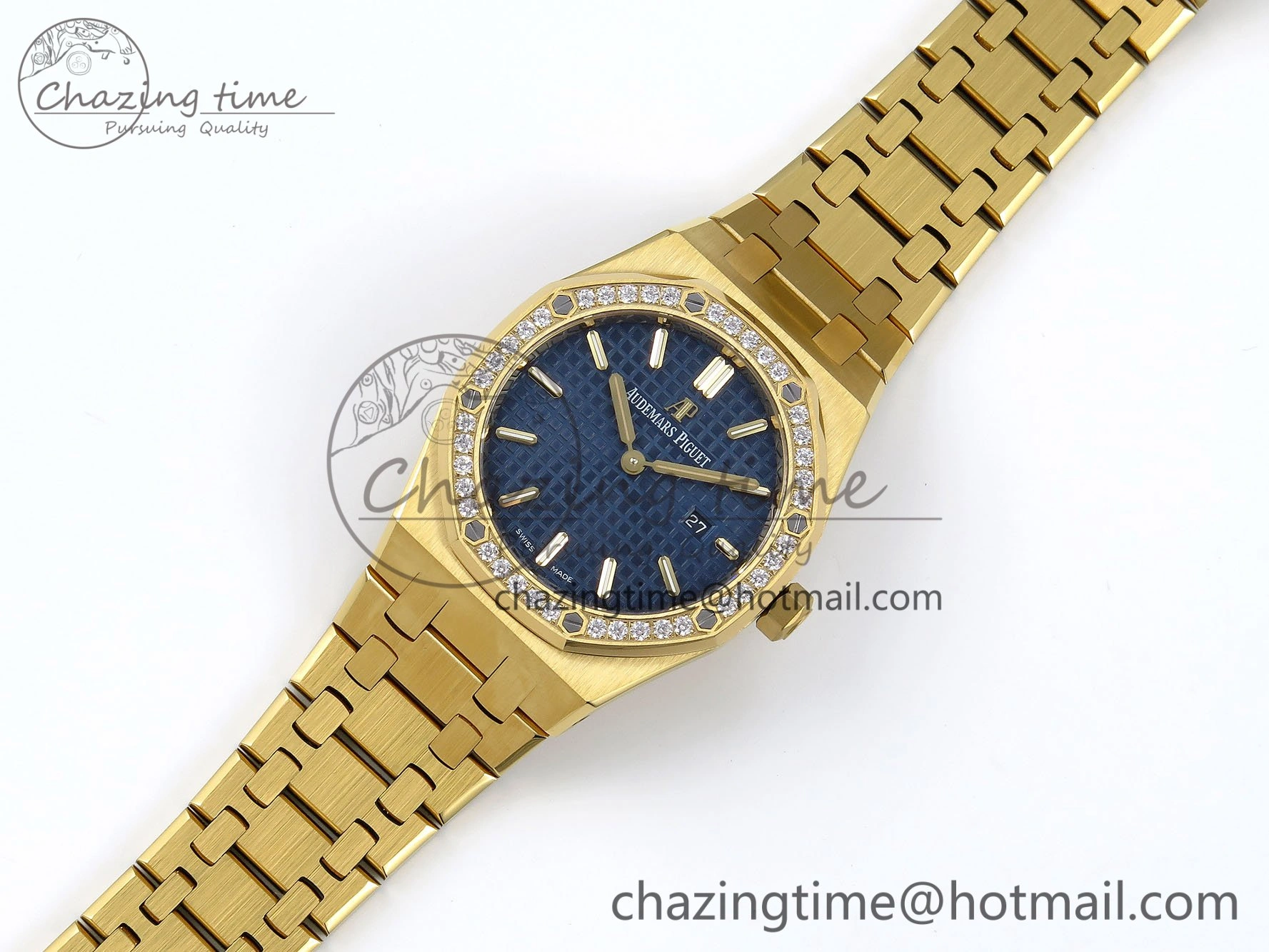 Lady Royal Oak 33mm 67651 Diamonds Bezel YG ZF 1:1 Best Edition Blue Textured Dial on YG Bracelet RONDA Quartz