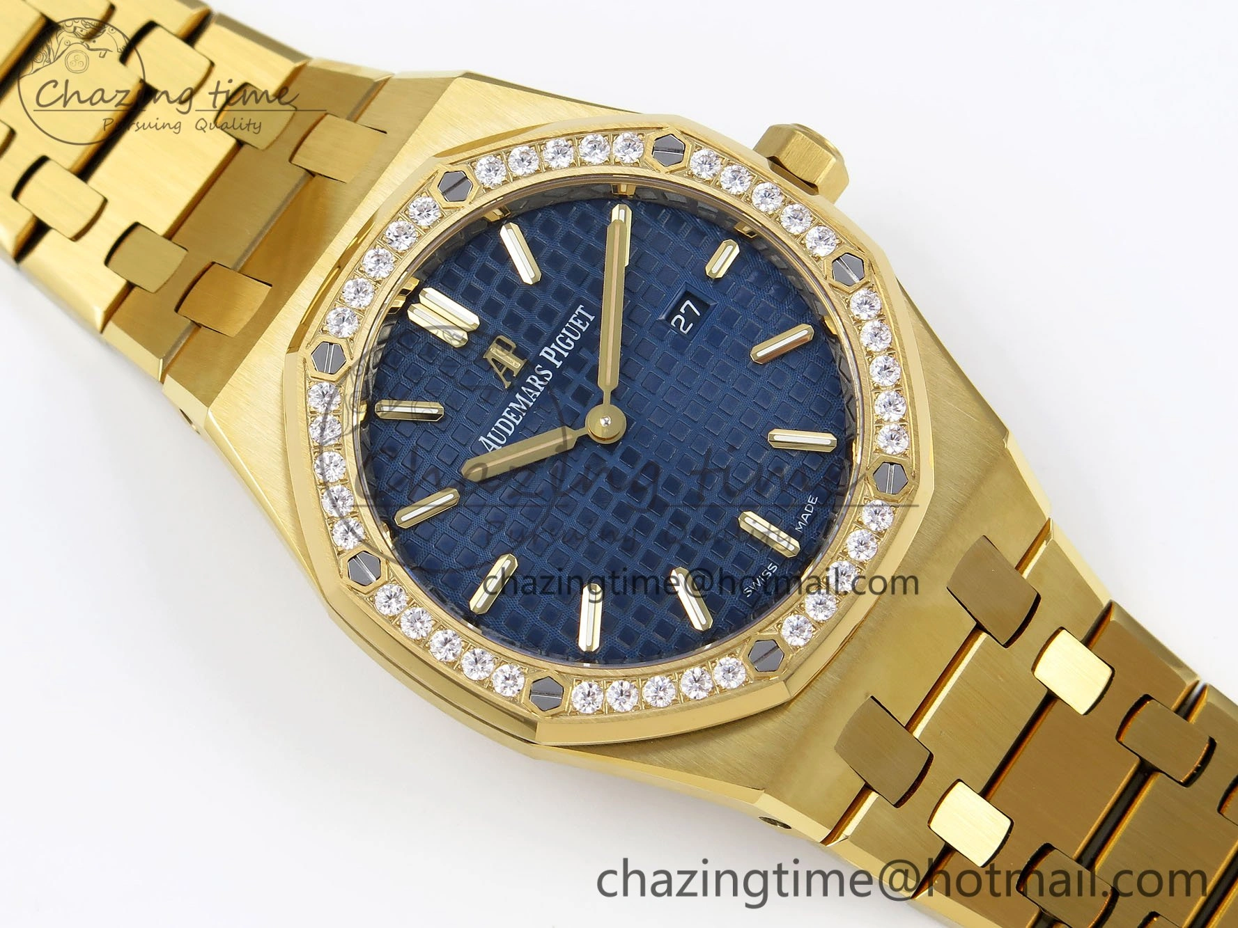 Lady Royal Oak 33mm 67651 Diamonds Bezel YG ZF 1:1 Best Edition Blue Textured Dial on YG Bracelet RONDA Quartz