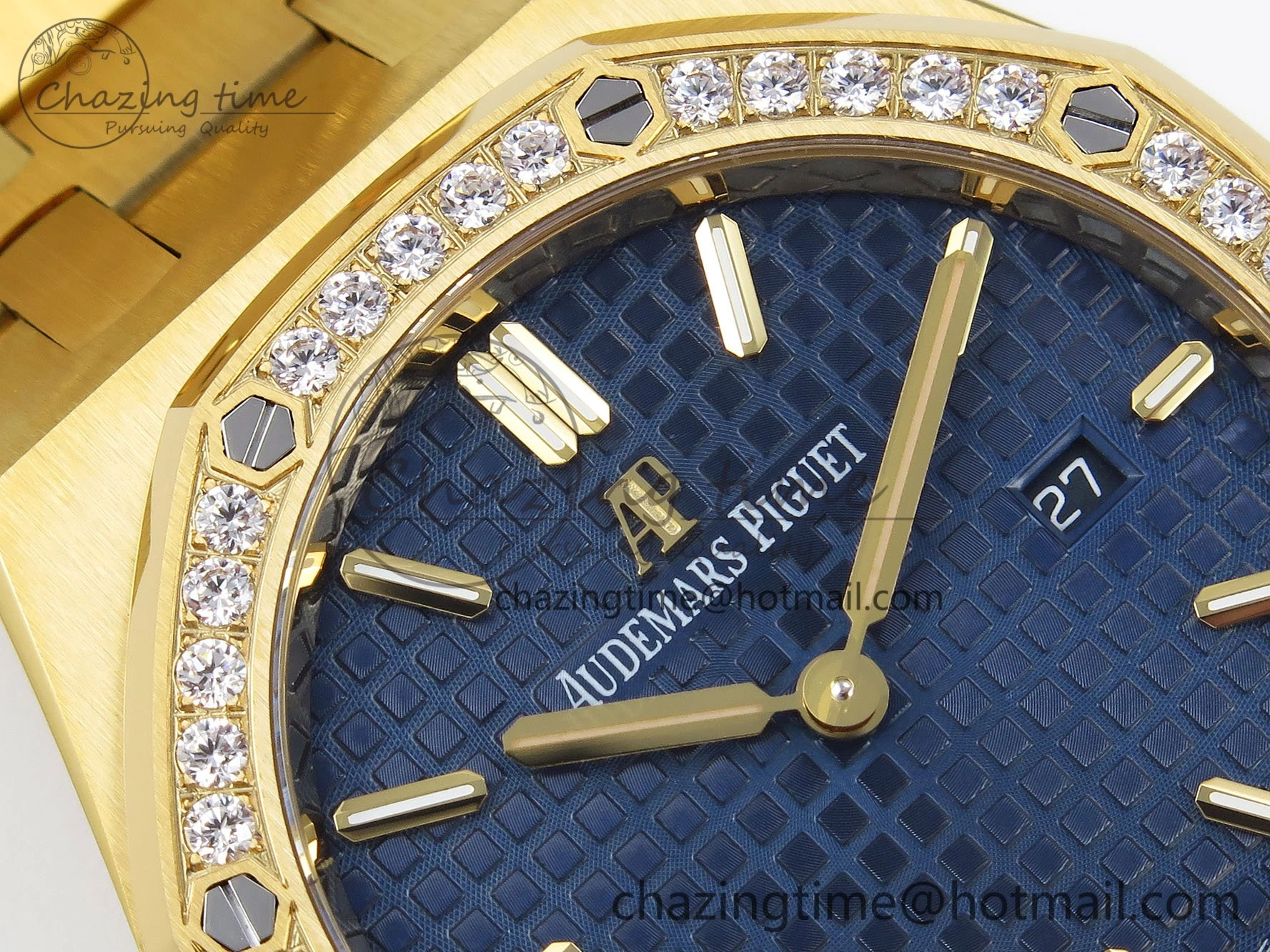 Lady Royal Oak 33mm 67651 Diamonds Bezel YG ZF 1:1 Best Edition Blue Textured Dial on YG Bracelet RONDA Quartz