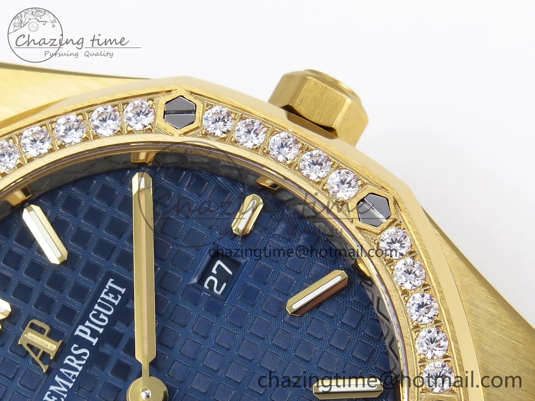 Lady Royal Oak 33mm 67651 Diamonds Bezel YG ZF 1:1 Best Edition Blue Textured Dial on YG Bracelet RONDA Quartz