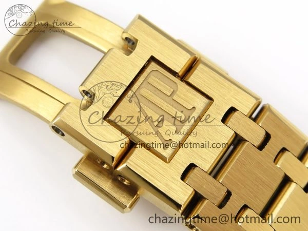 Lady Royal Oak 33mm 67651 Diamonds Bezel YG ZF 1:1 Best Edition White Textured Dial on YG Bracelet RONDA Quartz