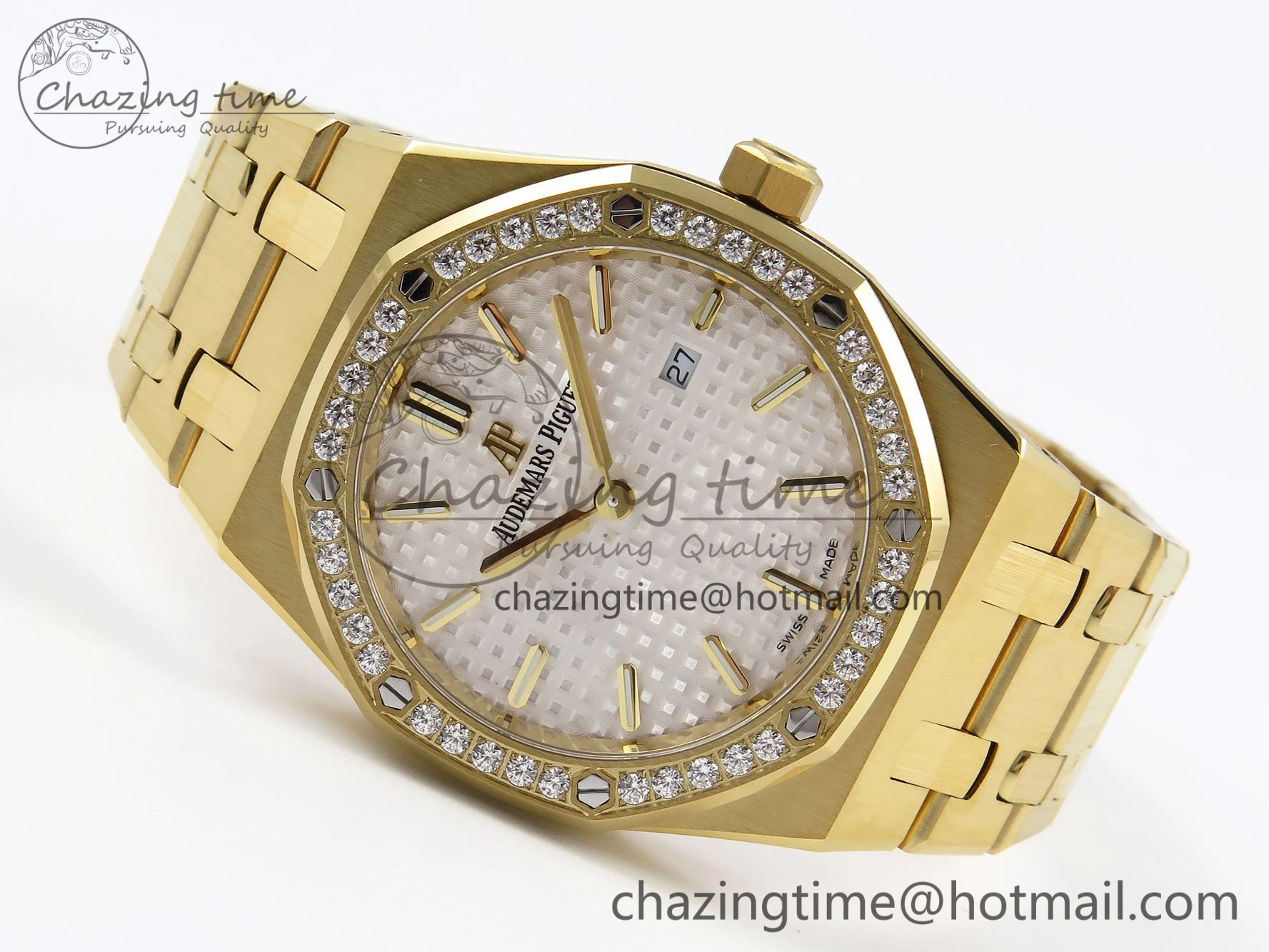 Lady Royal Oak 33mm 67651 Diamonds Bezel YG ZF 1:1 Best Edition White Textured Dial on YG Bracelet RONDA Quartz