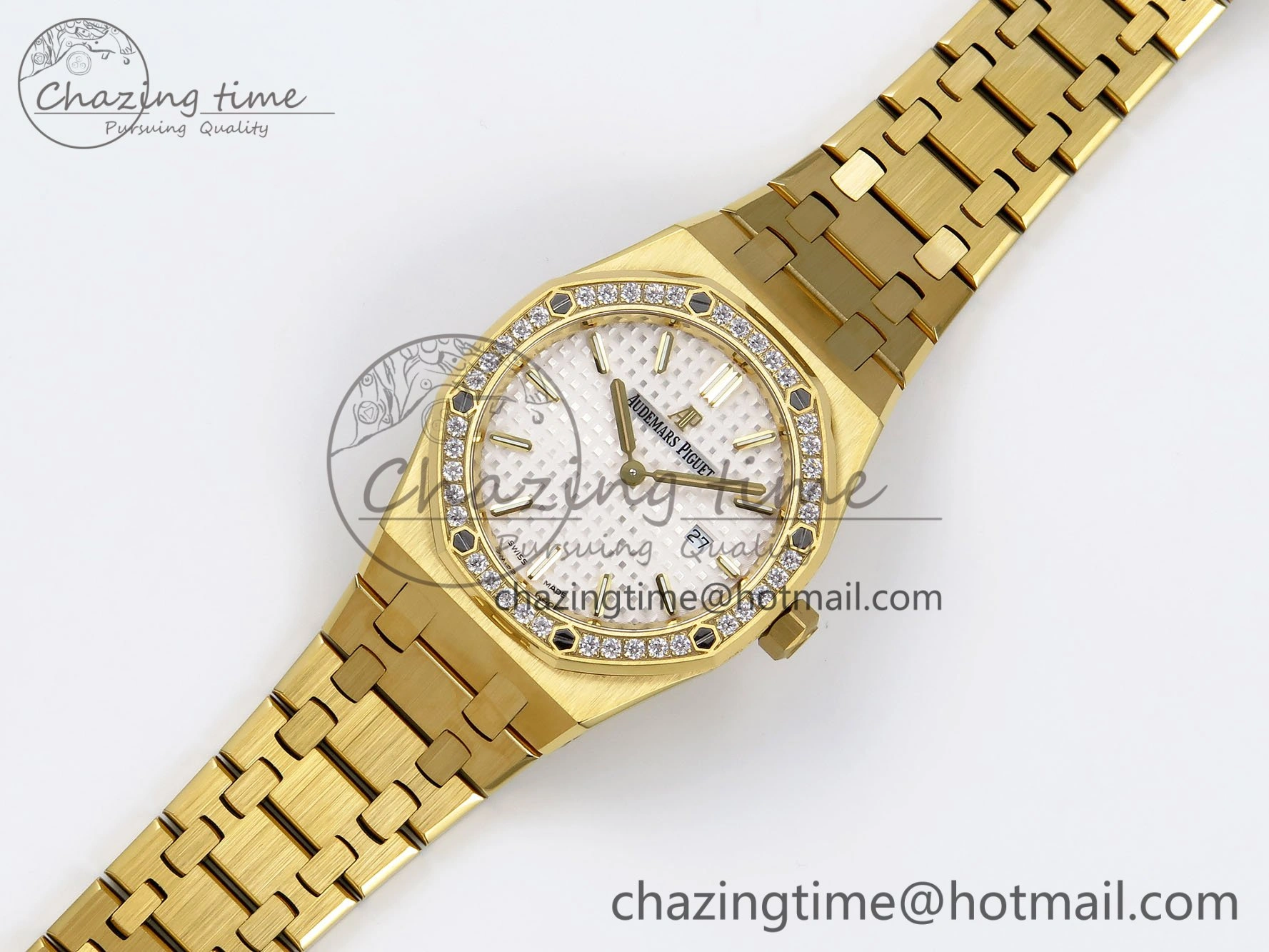 Lady Royal Oak 33mm 67651 Diamonds Bezel YG ZF 1:1 Best Edition White Textured Dial on YG Bracelet RONDA Quartz