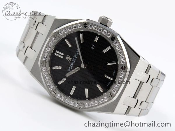 Lady Royal Oak 33mm 67651 Diamonds SS ZF 1:1 Best Edition Black Textured Dial on SS Bracelet RONDA Quartz