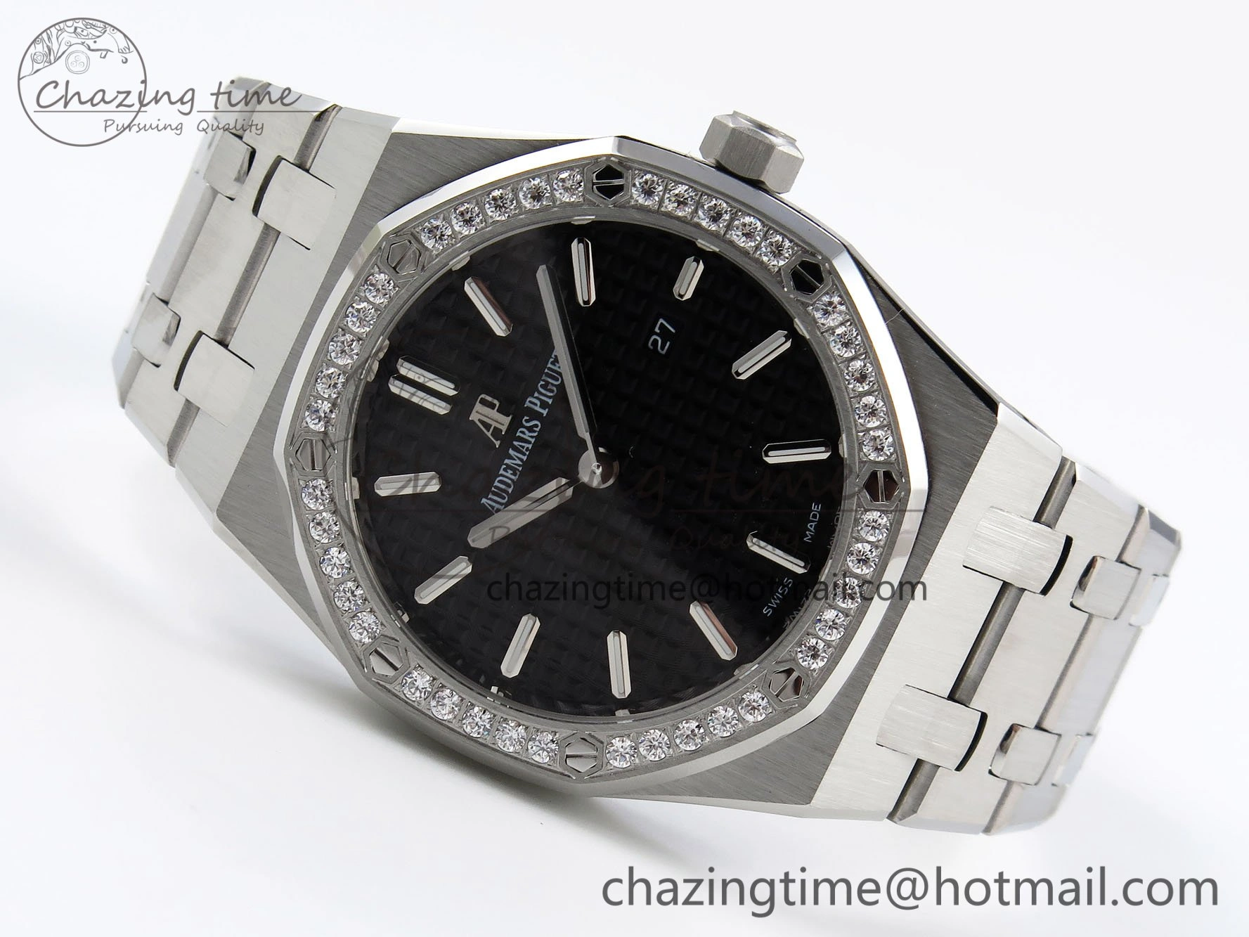 Lady Royal Oak 33mm 67651 Diamonds SS ZF 1:1 Best Edition Black Textured Dial on SS Bracelet RONDA Quartz
