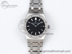 Lady Royal Oak 33mm 67651 Diamonds SS ZF 1:1 Best Edition Black Textured Dial on SS Bracelet RONDA Quartz