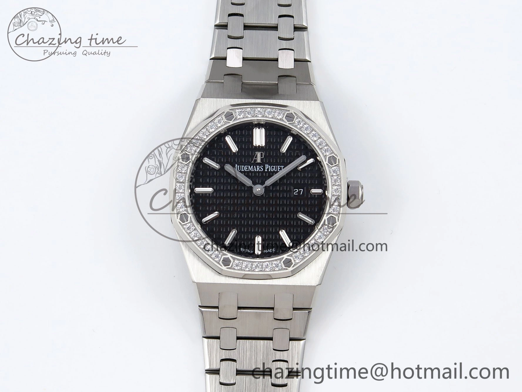 Lady Royal Oak 33mm 67651 Diamonds SS ZF 1:1 Best Edition Black Textured Dial on SS Bracelet RONDA Quartz