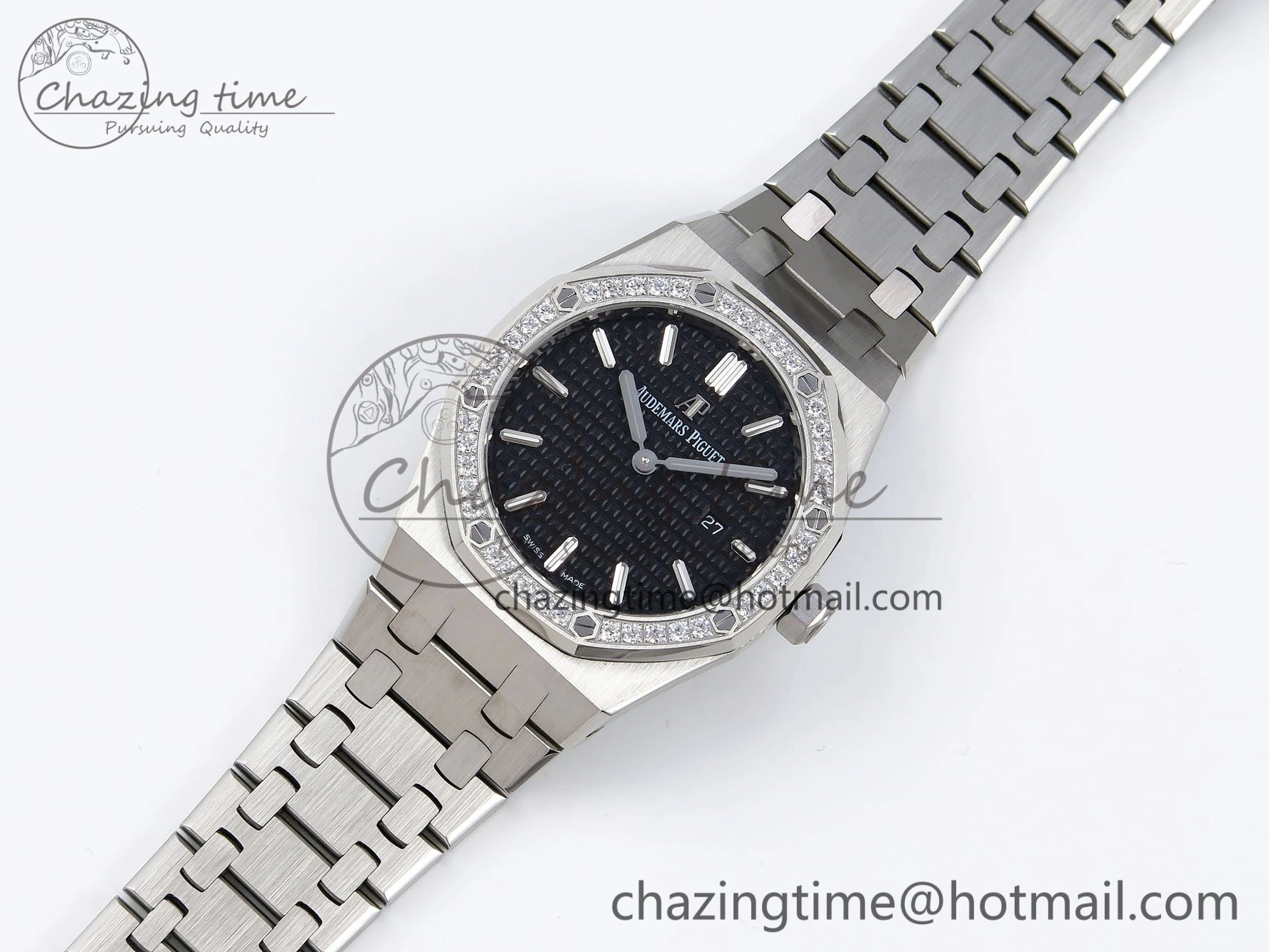 Lady Royal Oak 33mm 67651 Diamonds SS ZF 1:1 Best Edition Black Textured Dial on SS Bracelet RONDA Quartz