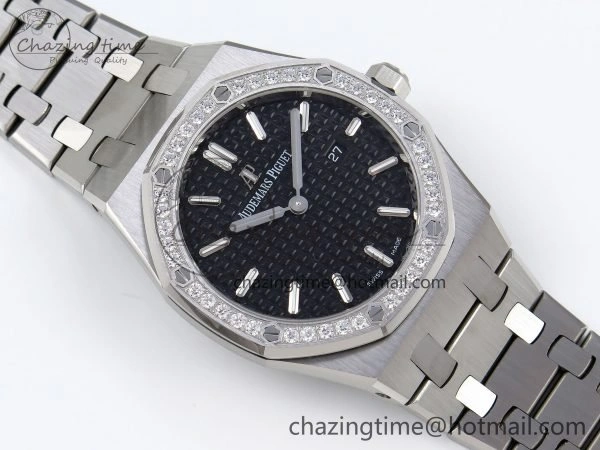 Lady Royal Oak 33mm 67651 Diamonds SS ZF 1:1 Best Edition Black Textured Dial on SS Bracelet RONDA Quartz