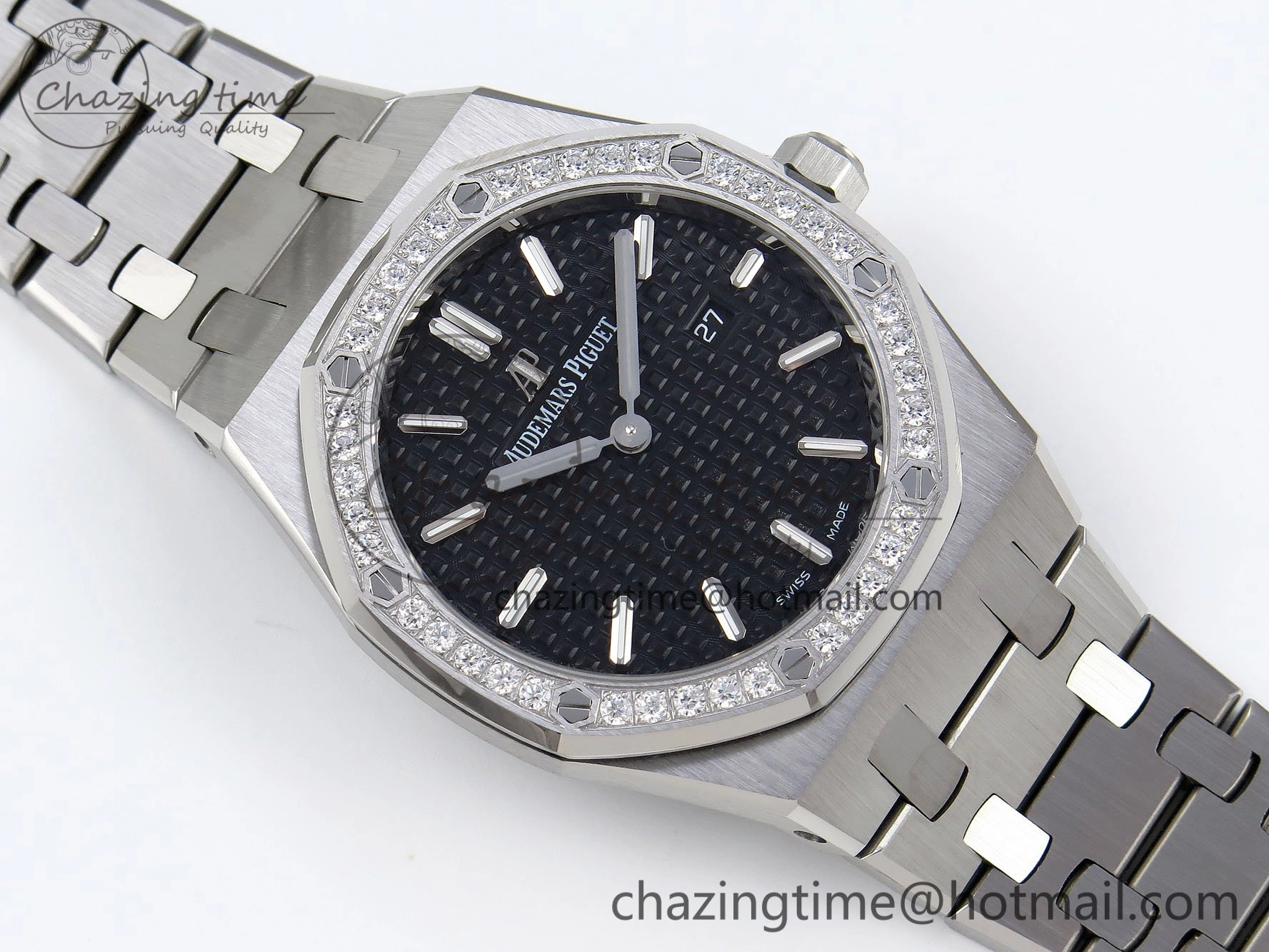 Lady Royal Oak 33mm 67651 Diamonds SS ZF 1:1 Best Edition Black Textured Dial on SS Bracelet RONDA Quartz