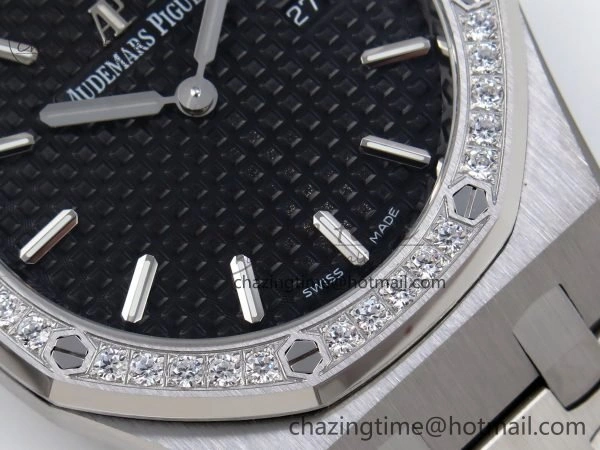 Lady Royal Oak 33mm 67651 Diamonds SS ZF 1:1 Best Edition Black Textured Dial on SS Bracelet RONDA Quartz