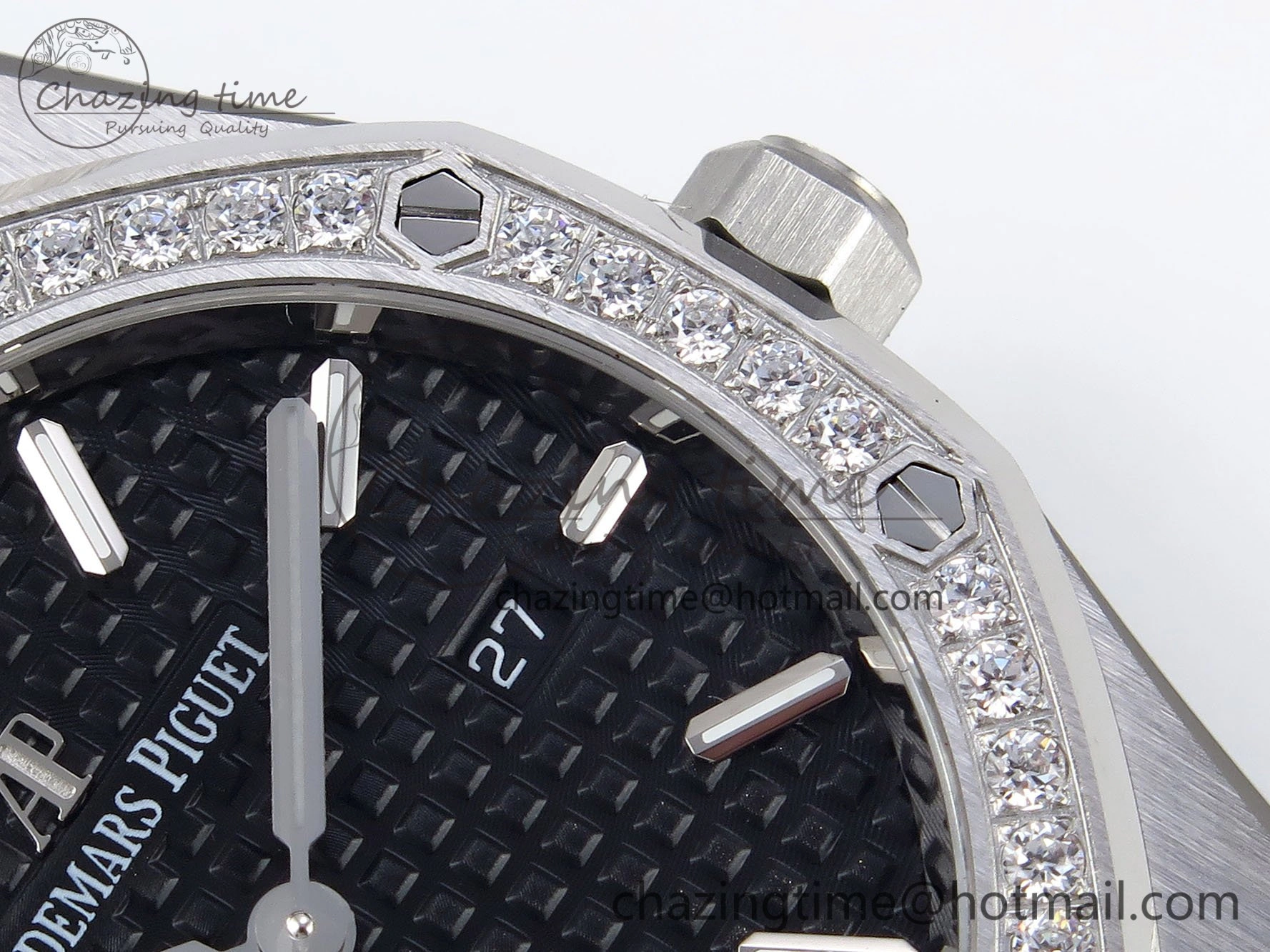 Lady Royal Oak 33mm 67651 Diamonds SS ZF 1:1 Best Edition Black Textured Dial on SS Bracelet RONDA Quartz