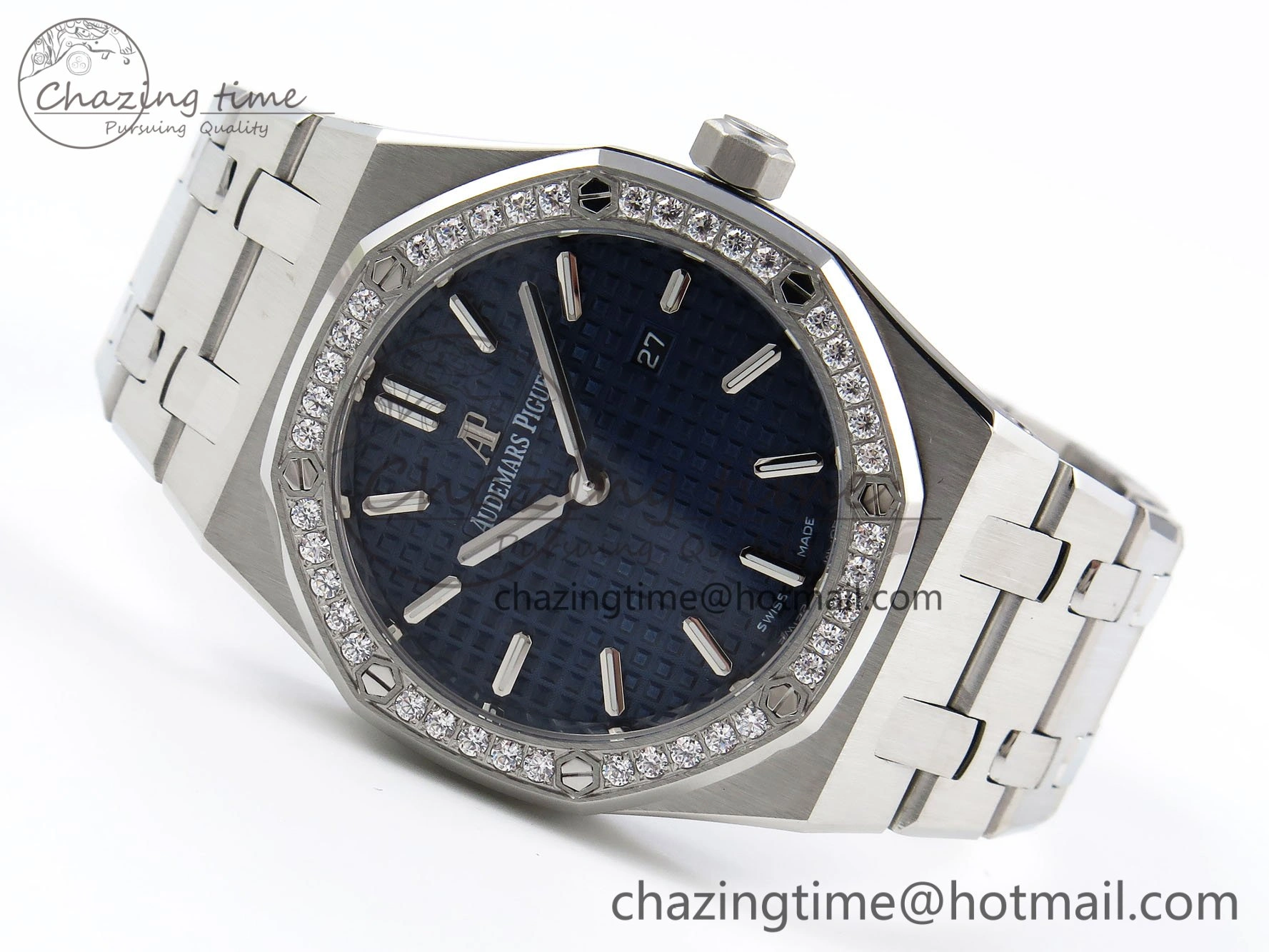 Lady Royal Oak 33mm 67651 Diamonds SS ZF 1:1 Best Edition Blue Textured Dial on SS Bracelet RONDA Quartz