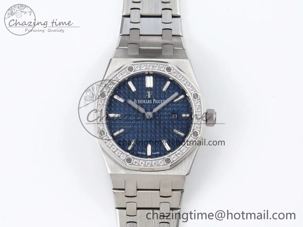 Lady Royal Oak 33mm 67651 Diamonds SS ZF 1:1 Best Edition Blue Textured Dial on SS Bracelet RONDA Quartz