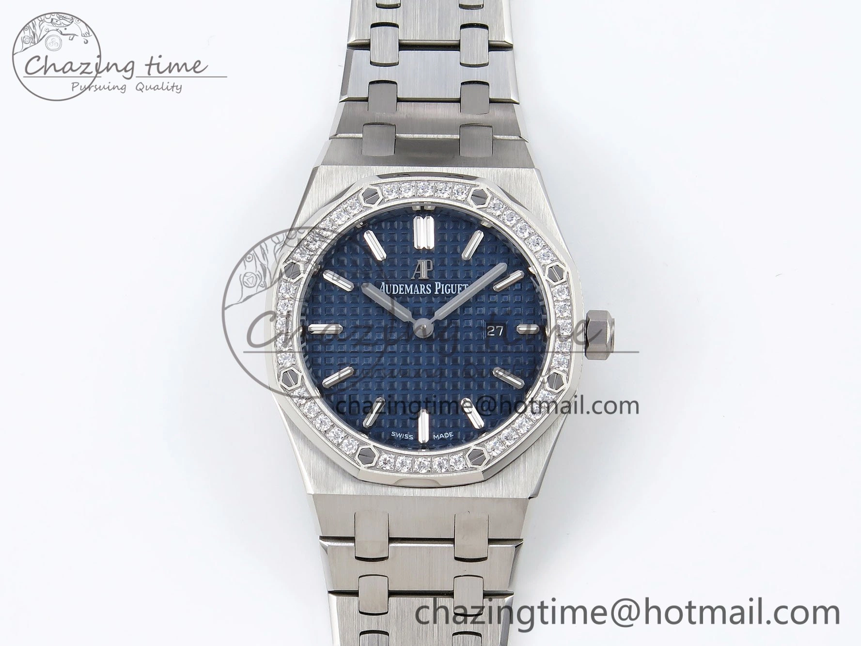 Lady Royal Oak 33mm 67651 Diamonds SS ZF 1:1 Best Edition Blue Textured Dial on SS Bracelet RONDA Quartz