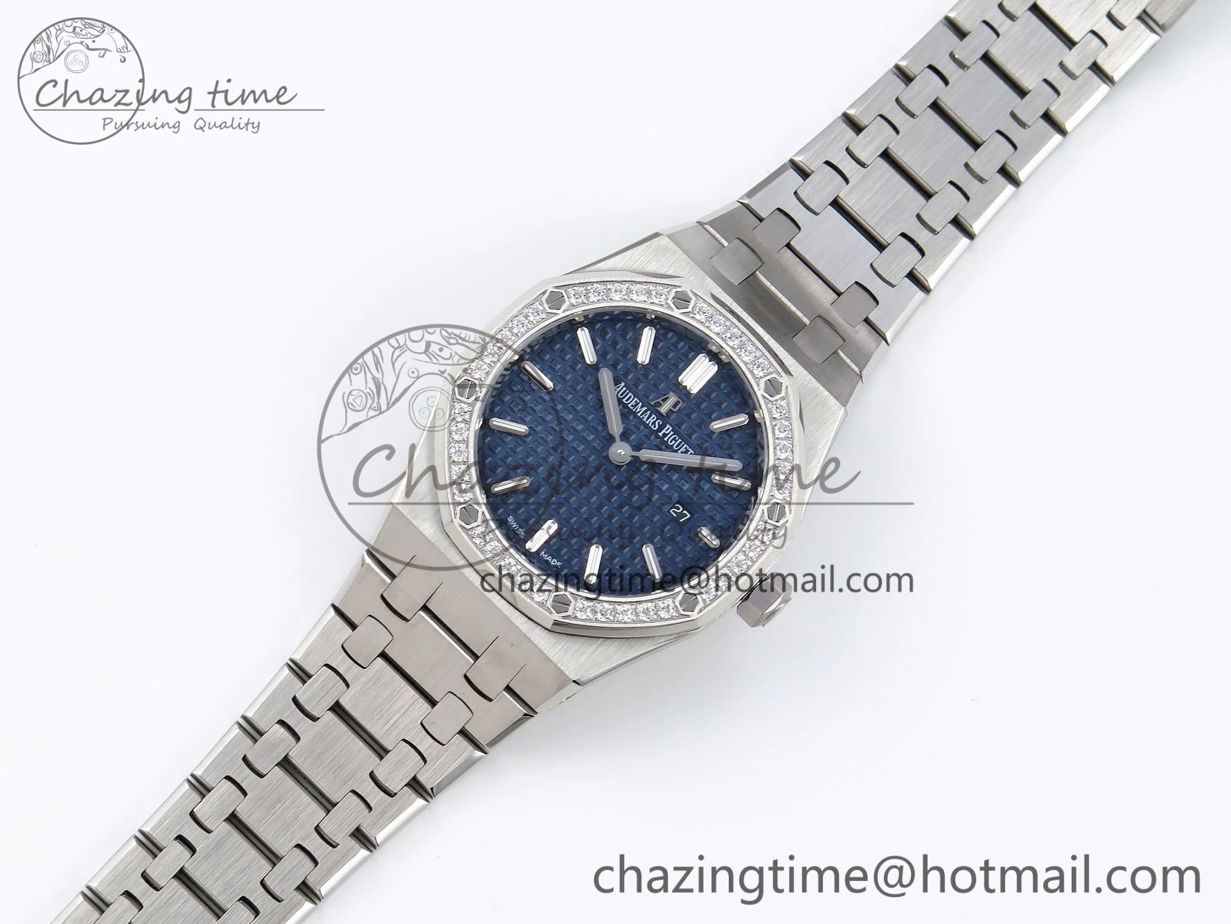 Lady Royal Oak 33mm 67651 Diamonds SS ZF 1:1 Best Edition Blue Textured Dial on SS Bracelet RONDA Quartz