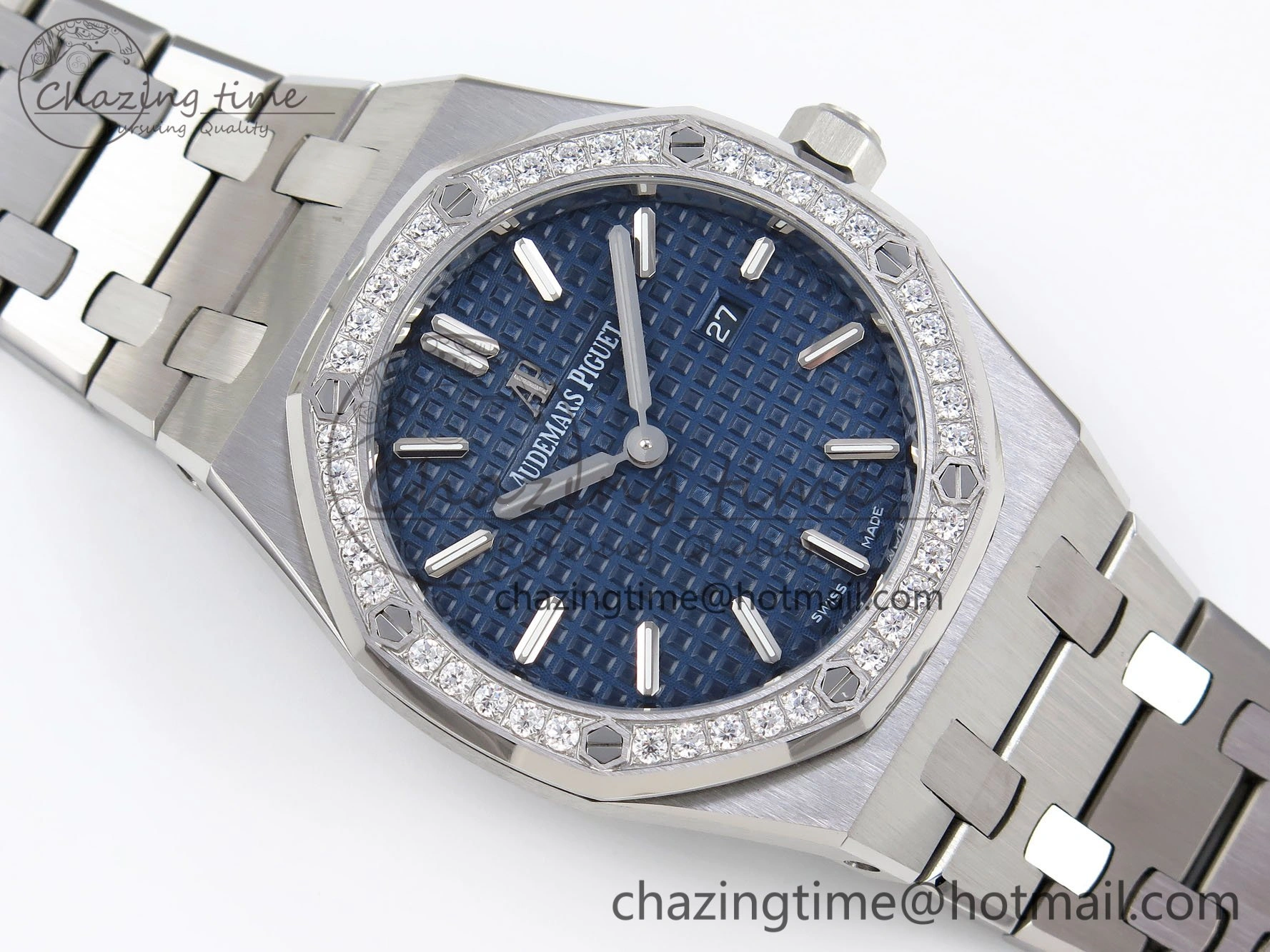 Lady Royal Oak 33mm 67651 Diamonds SS ZF 1:1 Best Edition Blue Textured Dial on SS Bracelet RONDA Quartz