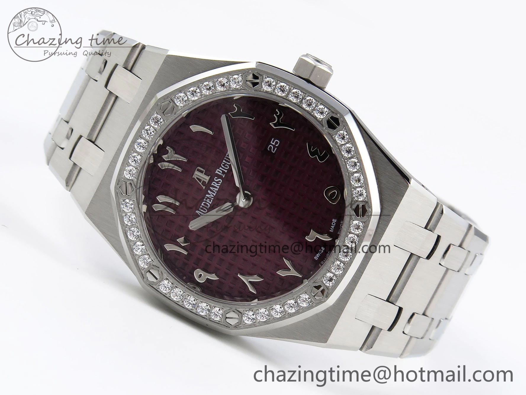 Lady Royal Oak 33mm 67651 Diamonds SS ZF 1:1 Best Edition Purple Red Textured Dial on SS Bracelet RONDA Quartz