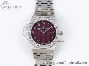 Lady Royal Oak 33mm 67651 Diamonds SS ZF 1:1 Best Edition Purple Red Textured Dial on SS Bracelet RONDA Quartz