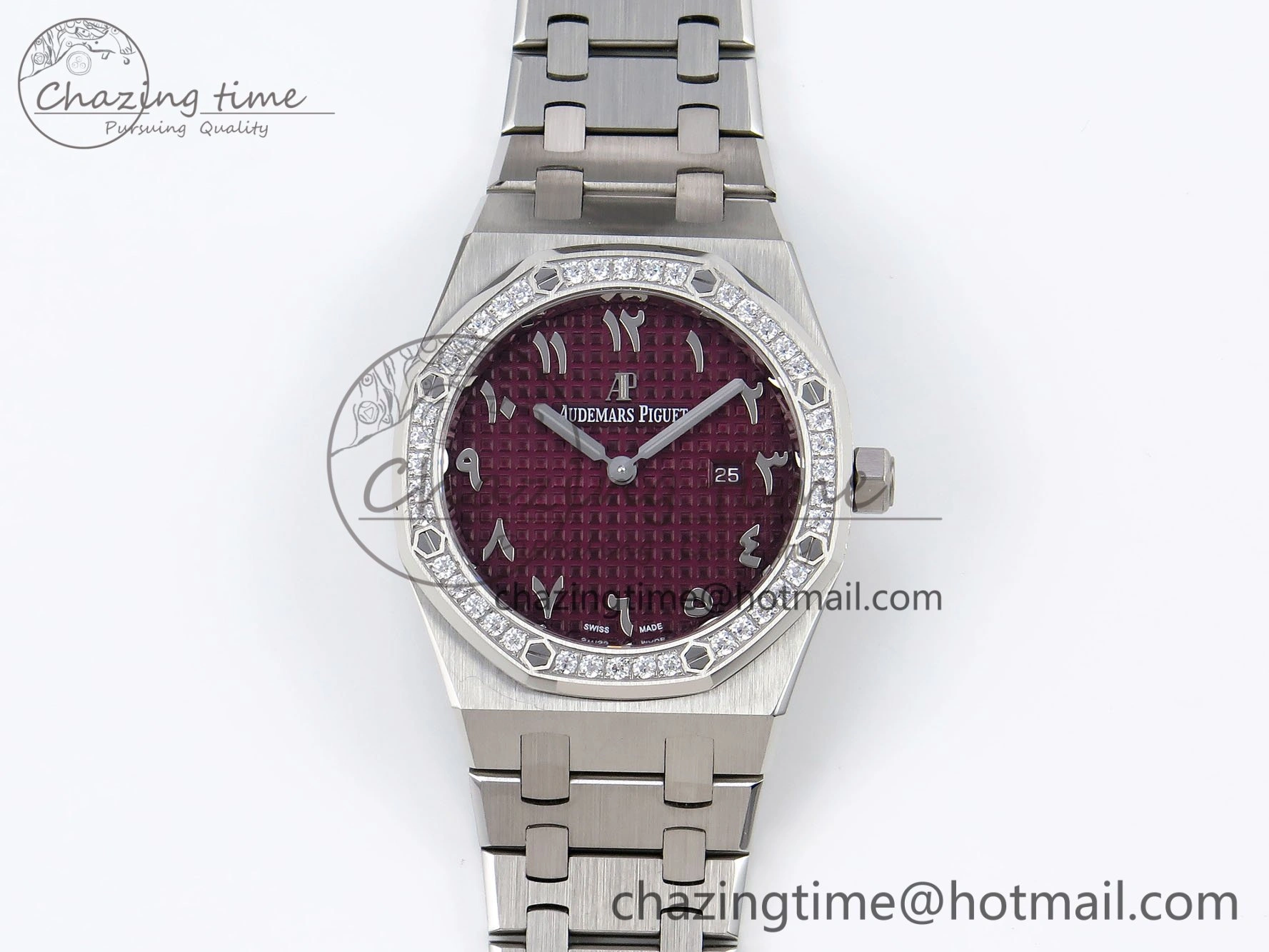 Lady Royal Oak 33mm 67651 Diamonds SS ZF 1:1 Best Edition Purple Red Textured Dial on SS Bracelet RONDA Quartz