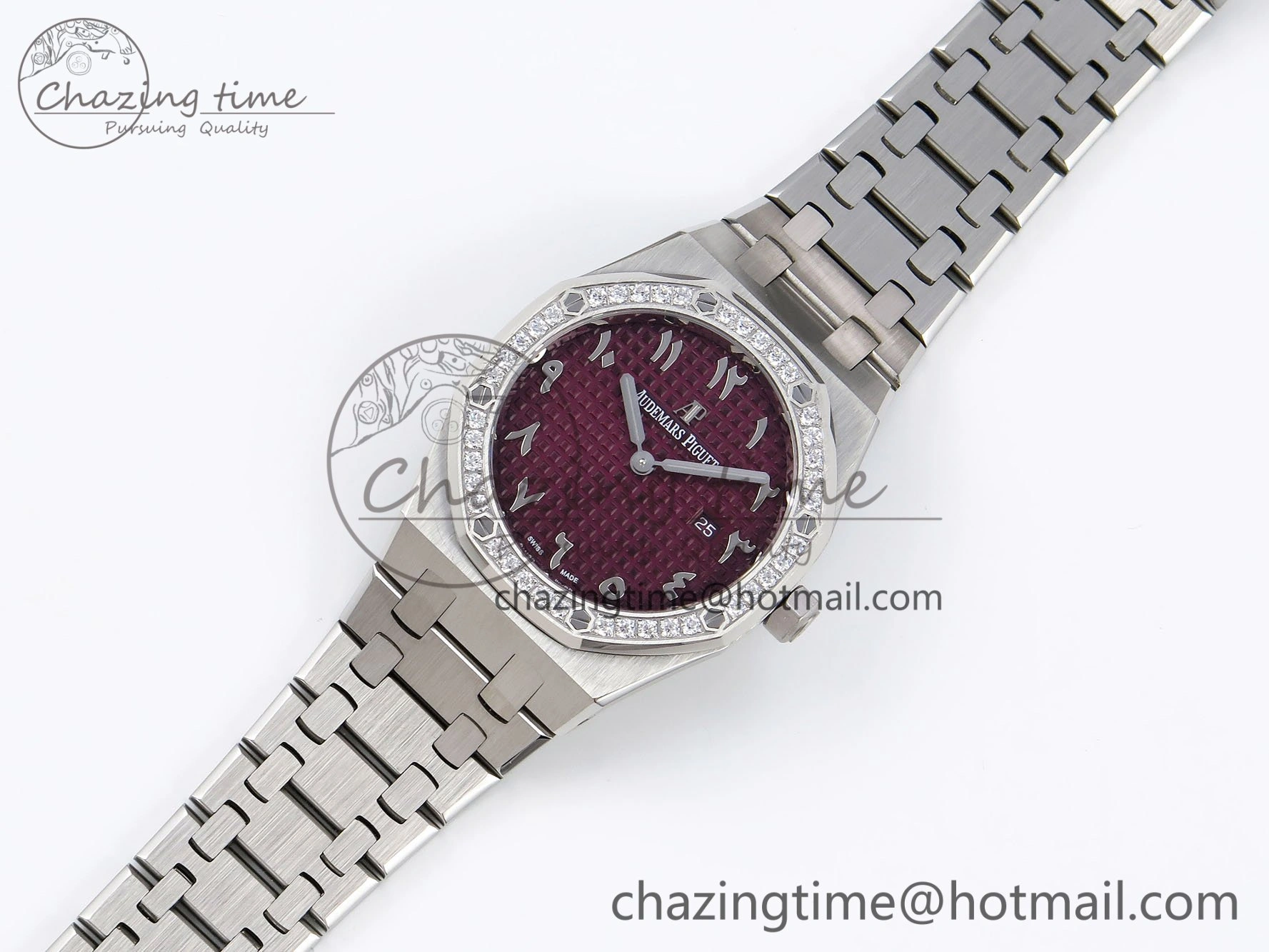 Lady Royal Oak 33mm 67651 Diamonds SS ZF 1:1 Best Edition Purple Red Textured Dial on SS Bracelet RONDA Quartz