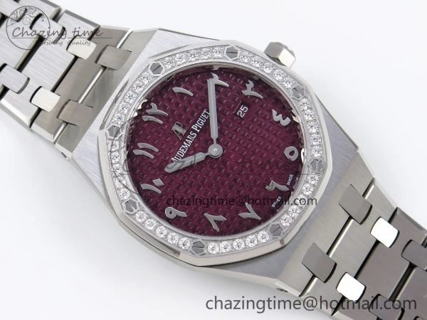Lady Royal Oak 33mm 67651 Diamonds SS ZF 1:1 Best Edition Purple Red Textured Dial on SS Bracelet RONDA Quartz