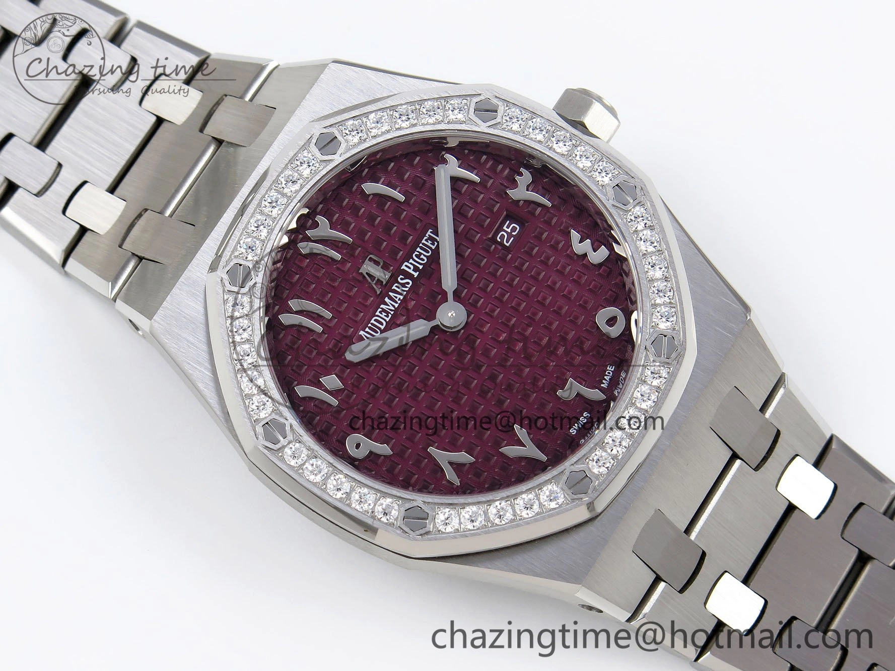 Lady Royal Oak 33mm 67651 Diamonds SS ZF 1:1 Best Edition Purple Red Textured Dial on SS Bracelet RONDA Quartz