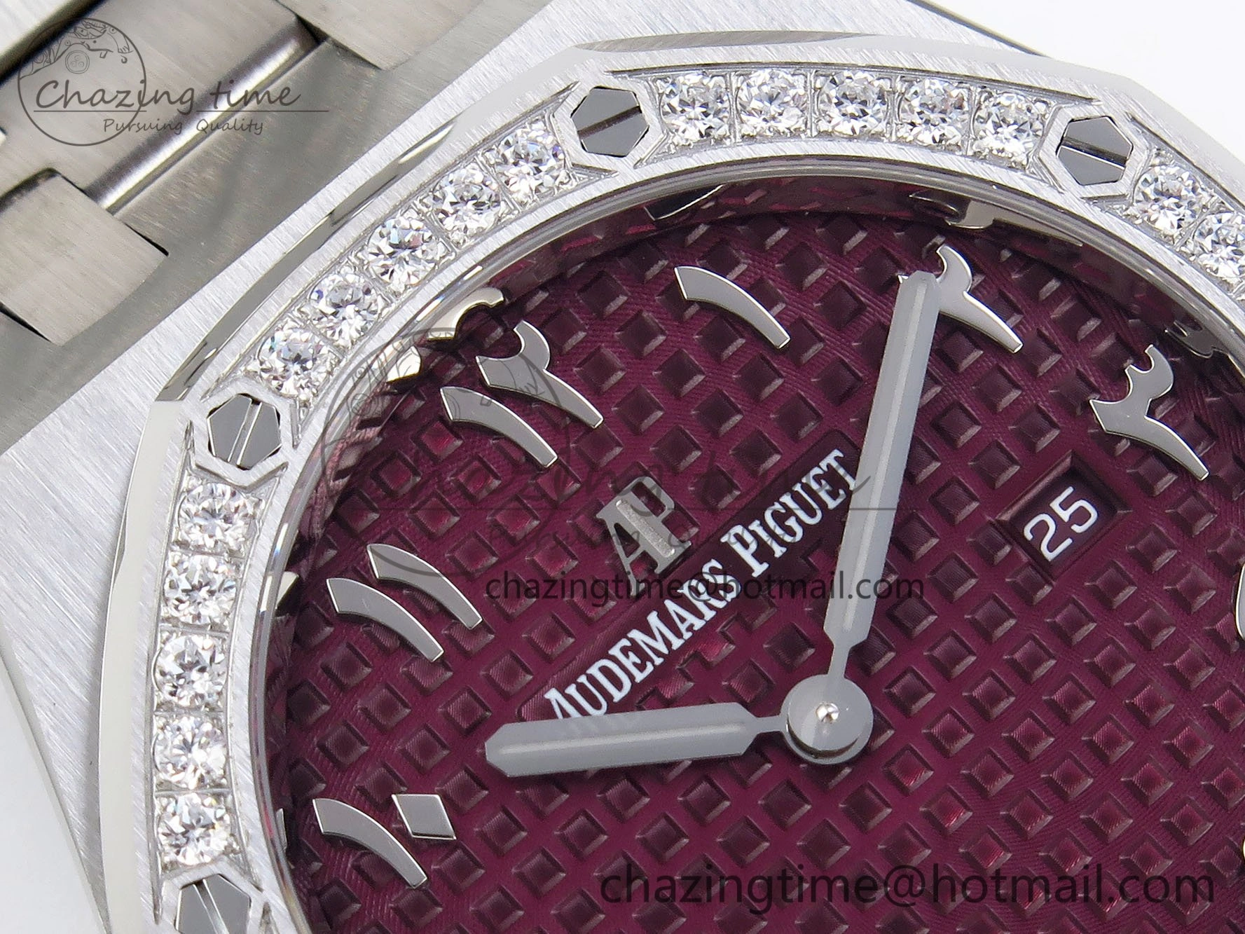 Lady Royal Oak 33mm 67651 Diamonds SS ZF 1:1 Best Edition Purple Red Textured Dial on SS Bracelet RONDA Quartz