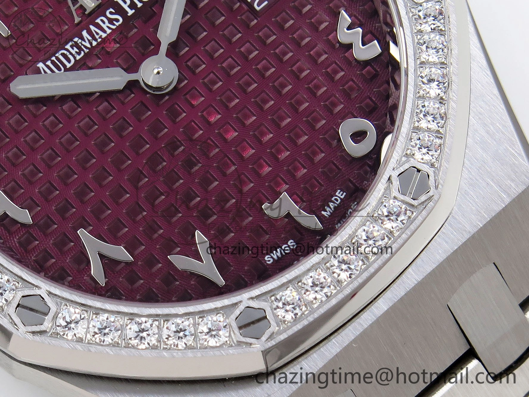 Lady Royal Oak 33mm 67651 Diamonds SS ZF 1:1 Best Edition Purple Red Textured Dial on SS Bracelet RONDA Quartz